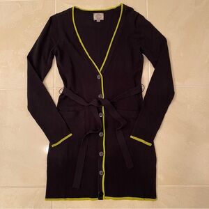 Forever 21 Long Cardigan with Belt and Pockets Black & Yellow Trim Small